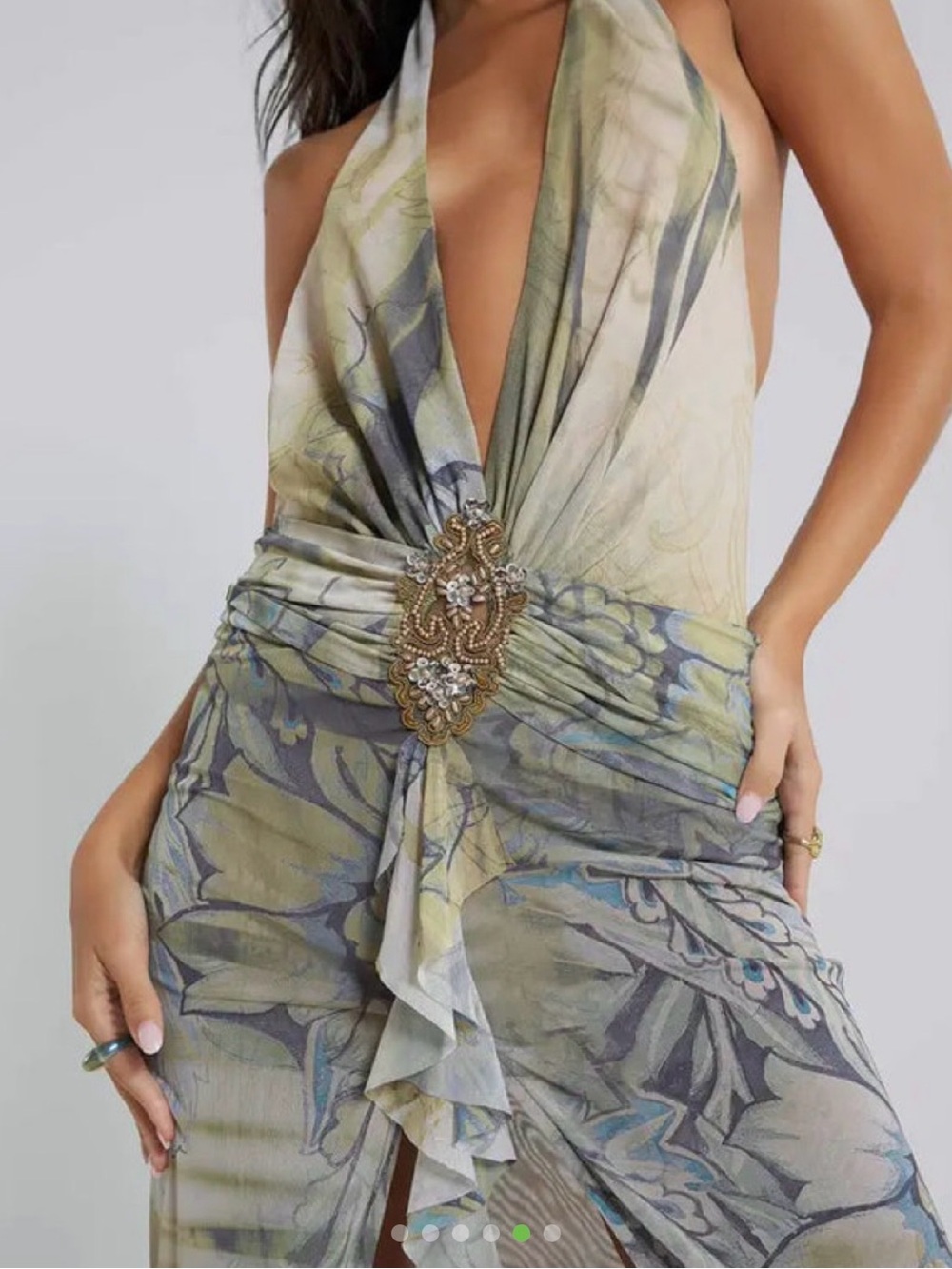 Jaded London Cindy Plunge Sage and Blue Floral Halter Ruffle Maxi Dress - Picture 5 of 7